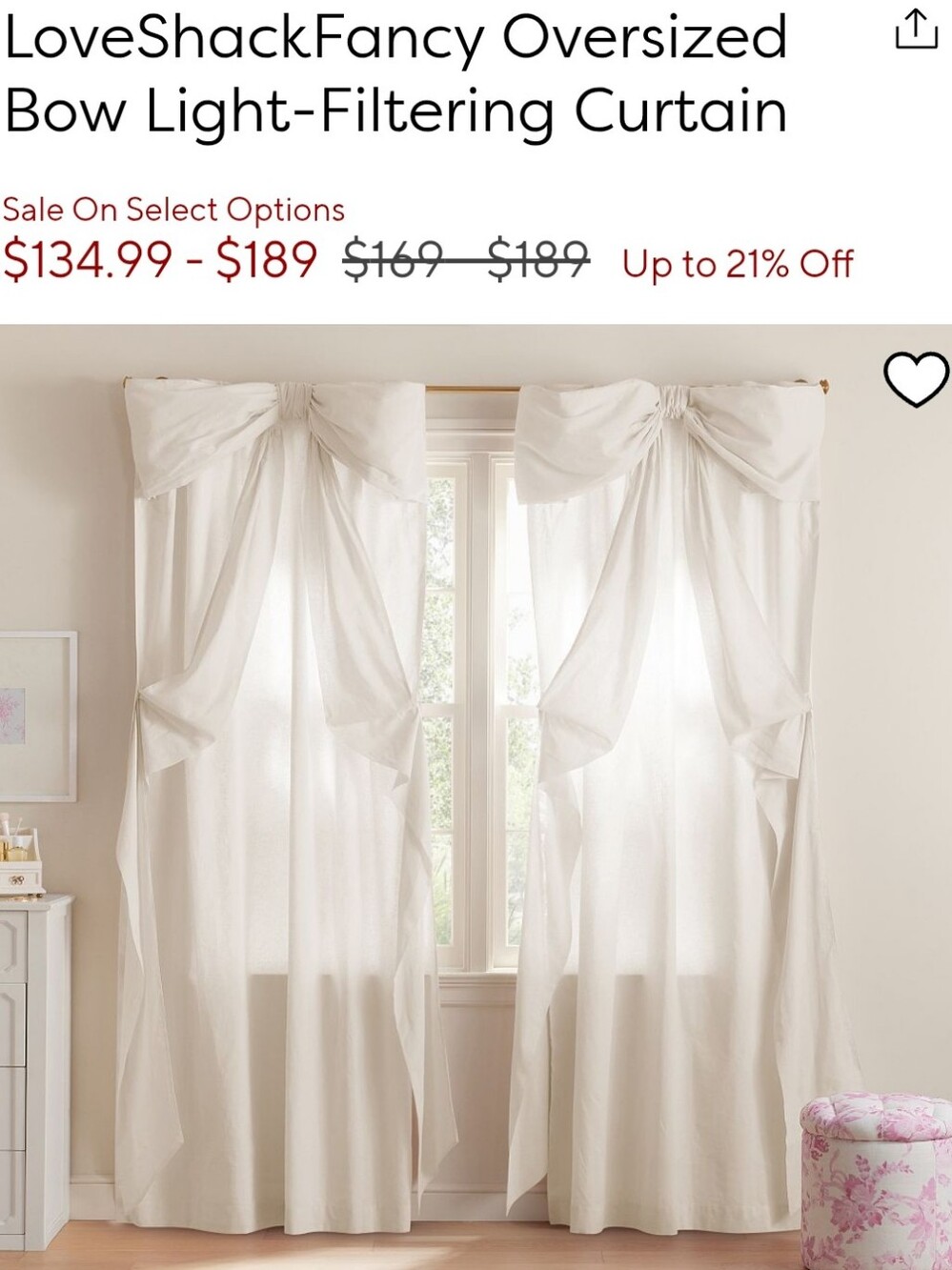 Pottery Barn Teen LoveShackFancy Oversized Bow Curtain Ivory 52” x 96” One Panel